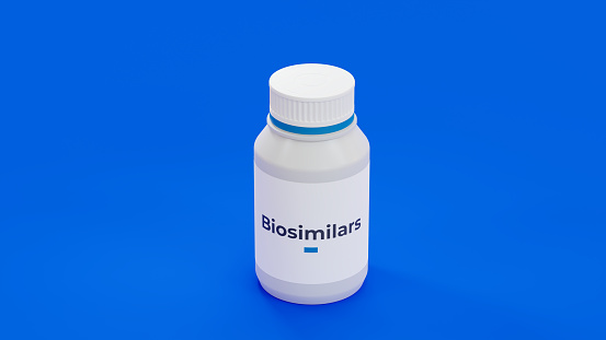 Biosimilars pharmaceutical drug bottle on blue background. A safe biological drug that work like biologic medicine. 3d illustration.