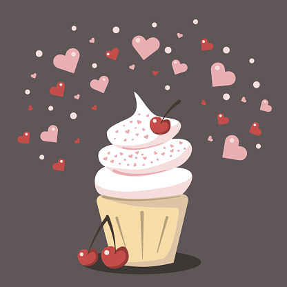 Vector illustration with cupcake, cream, cherries and hearts on a dark background. Art for greeting card, bakery shop, banner. Love and sweet