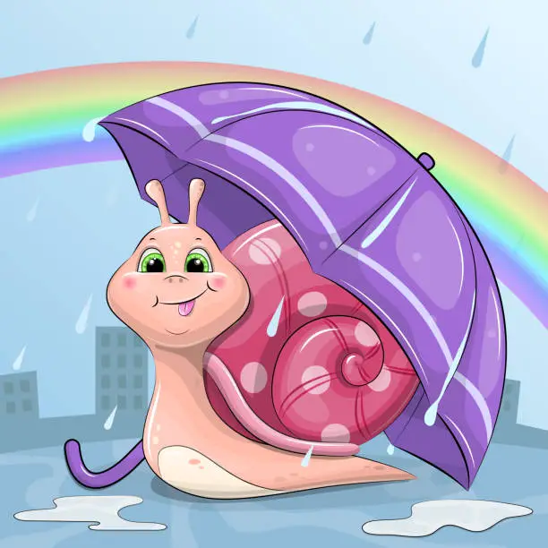 Vector illustration of Cute cartoon snail with a lilac umbrella in the rain.