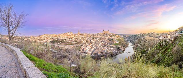 Panoramic views of the city of Toledo during sunrise on a sunny and clear day