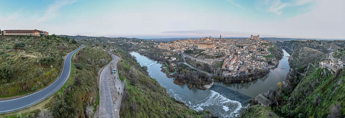 Aerial views of the city of Toledo during a sunrise on a clear and sunny day on winter season