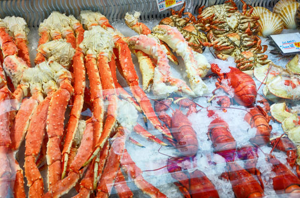 Crabs, lobsters and other seafood at a Bergen market, Norway