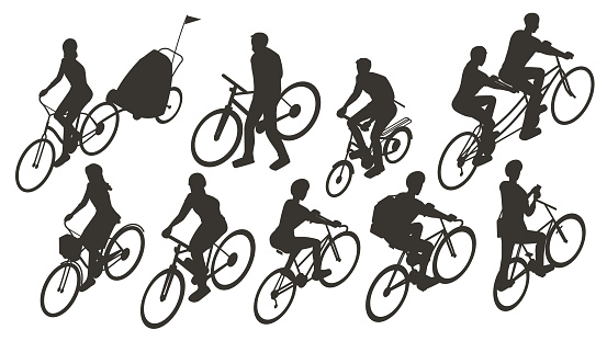 10 people ride nine various bicycles. Charcoal gray vector silhouettes are presented in isometric view on a white background, using a 16x9 format. All equipment is generic; no specific manufacturer is represented.