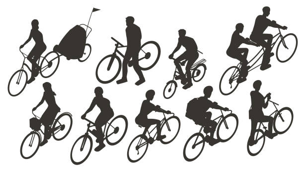 Bicycle rider silhouettes 10 people ride nine various bicycles. Charcoal gray vector silhouettes are presented in isometric view on a white background, using a 16x9 format. All equipment is generic; no specific manufacturer is represented. female mountain biker silhouette stock illustrations