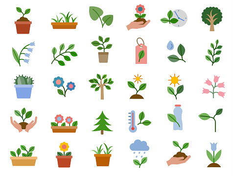 Plant icons set. Flat style. Vector illustration.  You can use these icons in your product design, presentations, websites, infographics, blogs, and also your apps. This set of vector icons will help you to create more attractive graphics.