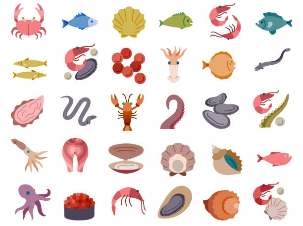 zestaw płaskich ikon owoców morza - fish oil illustrations stock illustrations