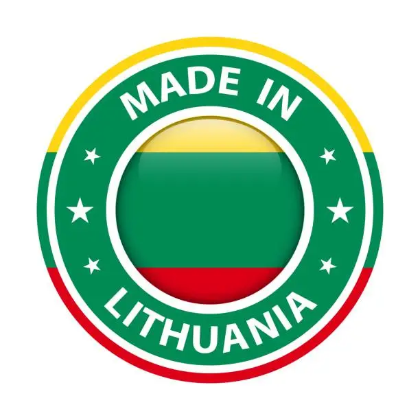 Vector illustration of Made in Lithuania badge vector. Sticker with stars and national flag. Sign isolated on white background.