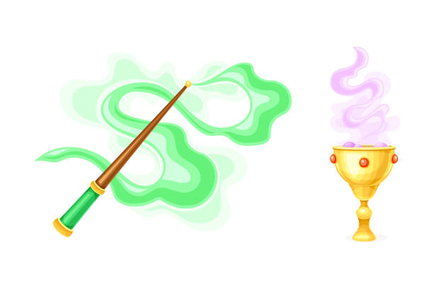 Magic Wand with Green Swirl and Golden Goblet with Poison as Magical Object and Witchcraft Item Vector Set Magic Wand with Green Swirl and Golden Goblet with Poison as Magical Object and Witchcraft Item Vector Set. Magic and Alchemy Element for Wizardry and Sorcery Concept bewitchment stock illustrations