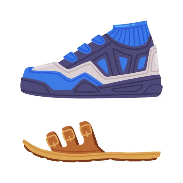 Vector illustration of Sneaker or Running Shoe and Open Sandal as Casual Footwear Vector Set