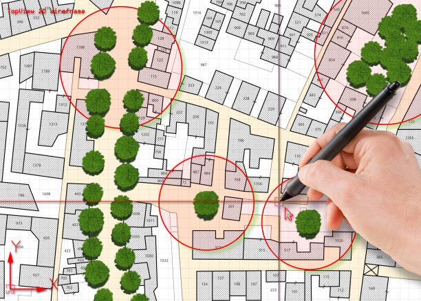 Census of singol, group or row trees in cities -  green management and tree mapping concept with imaginary city map with highlighted trees stock photo