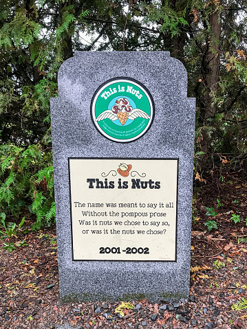 Waterbury-Stowe, Vermont, USA- September 25, 2018: This is Nuts ice cream tombstone at Ben and Jerry’s Flavor Graveyard at the factory and visitor center