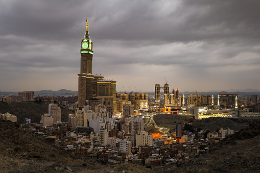 Mecca , Saudi Arabia 13 Jan 2023: Zam zam Tower or Clock Tower - Abraj Al Bait - Masjid Al Haram
