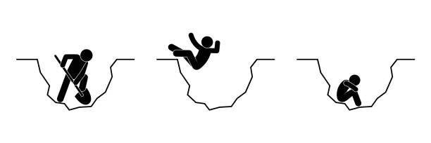 illustration man digs a hole, falling down, trapped, stick figure human silhouette - delik illüstrasyonlar stock illustrations