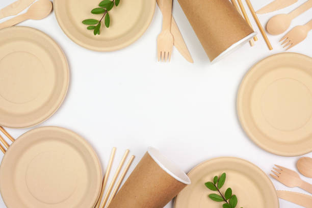 istock Eco friendly, plastic free disposable dishware for takeout. Frame on a white background. 1458259743