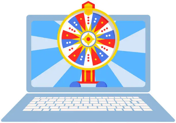 Vector illustration of Program for gambling and virtual casino on laptop screen. Wheel of fortune, game of chance symbol