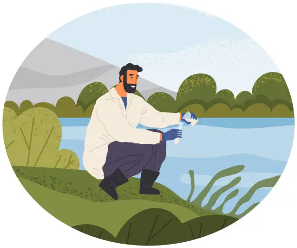 Vector illustration of Man exploring nature, analyzing river water. Researcher takes samples of biomaterial for research