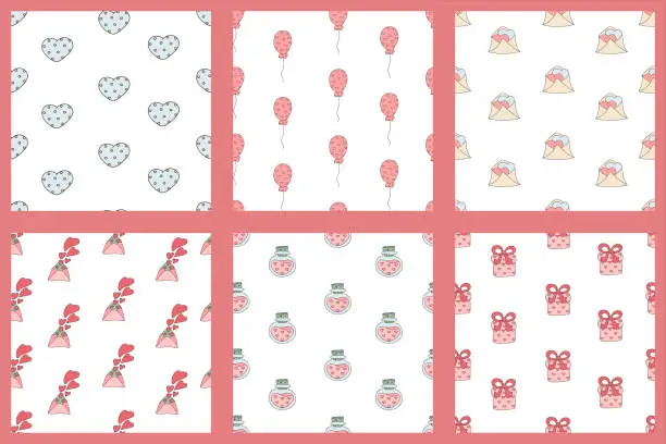 Vector illustration of Cute collection doodle style seamless vector patterns set. Valentines Day love background collection. love ellements shapes, silhouettes.