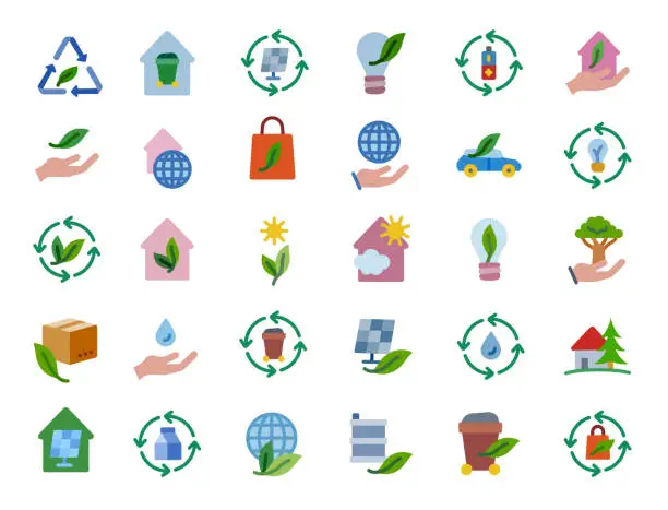 Vector illustration of Sustainable Lifestyle Flat Icons Set