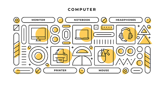 Computer Infographic Concept with geometric shapes and Monitor,Notebook,Printer,Mouse Line Icons