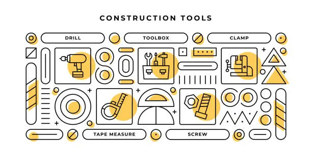 Vector illustration of Construction Tools Infographic Concept with geometric shapes and Drill,Toolbox,Clamp,Screw Line Icons
