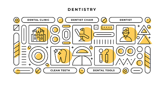 Dentistry Infographic Concept with geometric shapes and Dentist,Clean Teeth,Dental Tools,Dentist Chair Line Icons