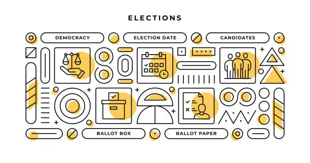 Vector illustration of Elections Infographic Concept with geometric shapes and Democracy,Candidates,Ballot Box,Ballot Paper Line Icons