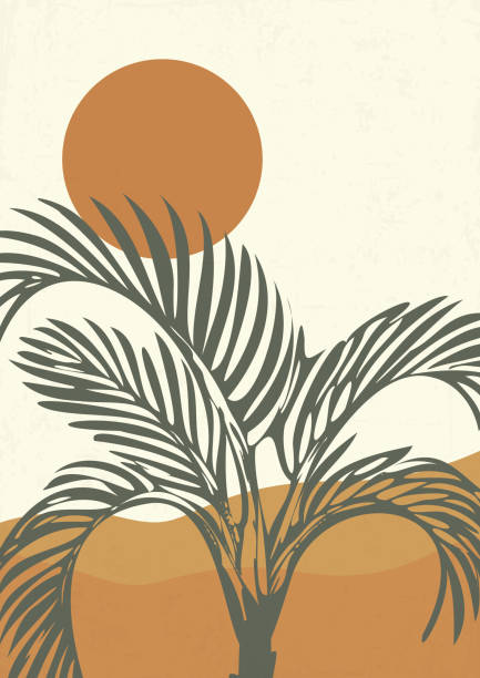 Oasis in the desert minimalistic printable illustration. Dunes and palm wild nature landscape Oasis in the desert minimalistic printable illustration. Dunes and palm wild nature landscape with palm tree plant. Egypt poster template date palm tree stock illustrations
