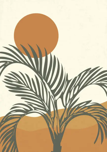 Vector illustration of Oasis in the desert minimalistic printable illustration. Dunes and palm wild nature landscape