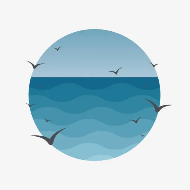Vector illustration of Sea waves and seagull blue illustration poster. Water and birds on colorful background.