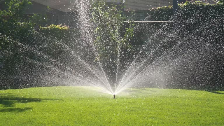 Automatic lawn sprinkler in action watering green grass in summer on the lawn