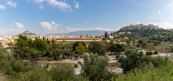 A picture of the Ancient Agora of Athens, especially the Stoa of Attalos, and the Acropolis on the right.