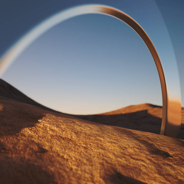istock Desert landscape with abstract mirror arch. 3d rendering aesthetic scene with mountains, sky gradient and geometric shape. 1458278644
