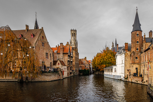 Iconic view of Brugge in Belgium. Touristic poster