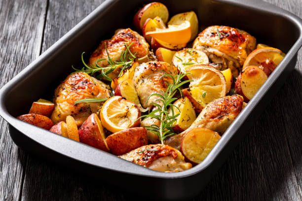 istock Lemon Garlic Chicken with roast potatoes, top view 1458281163