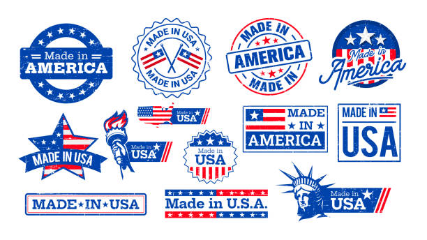 ilustrações de stock, clip art, desenhos animados e ícones de collection of red and blue vintage, grunge made-in-the-usa label, stickers, stamps, symbols, and tags with the flag of america and the statue of liberty. - made in the usa usa computer icon symbol