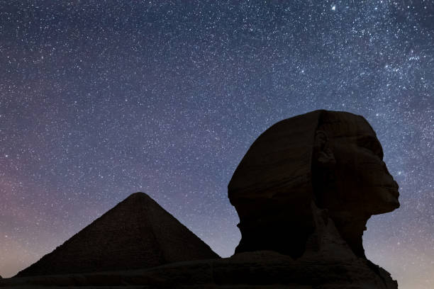 The Great Sphinx of Giza, Night Sky With Stars, Giza Necropolis, Egypt The Great Sphinx of Giza, Giza Necropolis, Egypt - July 27, 2022:  The Great Sphinx of Giza is a limestone statue of a reclining sphinx, a mythical creature with the head of a human, and the body of a lion. Facing directly from west to east, it stands on the Giza Plateau on the west bank of the Nile in Giza, Egypt. The face of the Sphinx appears to represent the pharaoh Khafre.

The original shape of the Sphinx was cut from the bedrock, and has since been restored with layers of limestone blocks. It measures 73 m (240 ft) long from paw to tail, 20 m (66 ft) high from the base to the top of the head and 19 m (62 ft) wide at its rear haunches.[4] Its nose was broken off for unknown reasons between the 3rd and 10th centuries AD.

The Sphinx is the oldest known monumental sculpture in Egypt and one of the most recognisable statues in the world. The archaeological evidence suggests that it was created by ancient Egyptians of the Old Kingdom during the reign of Khafre (c. 2558–2532 BC). pyramid giza pyramids close up egypt stock pictures, royalty-free photos & images