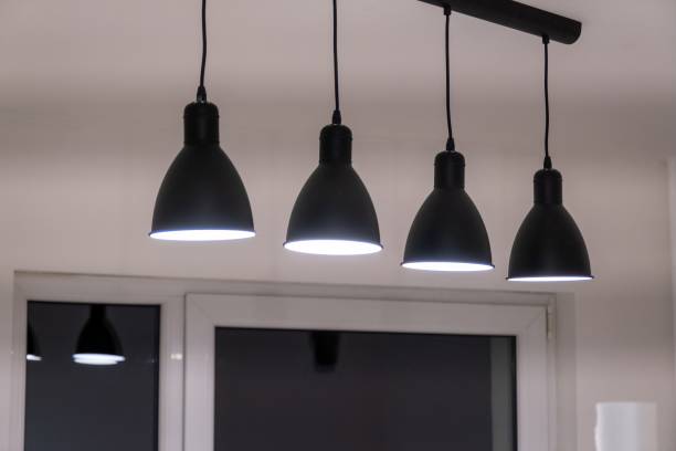 istock Kitchen light elements, lamps. Black dome lamps. Bright renovated kitchen space. Ceiling Light LED Round Surface 1458288290