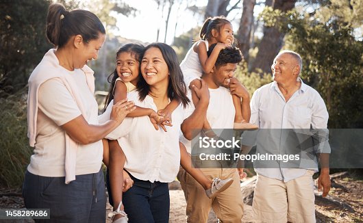 istock Big family walking in park, summer and freedom together in outdoor fresh air . Happy family, parents and grandparents in garden with excited kids to relax, bond and enjoy quality time, love and fun 1458289686