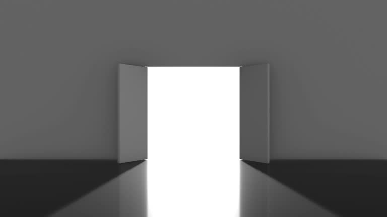 Door Opening to a Bright Light Outside. From Dark to the Light Concept. Camera Moving to the light.