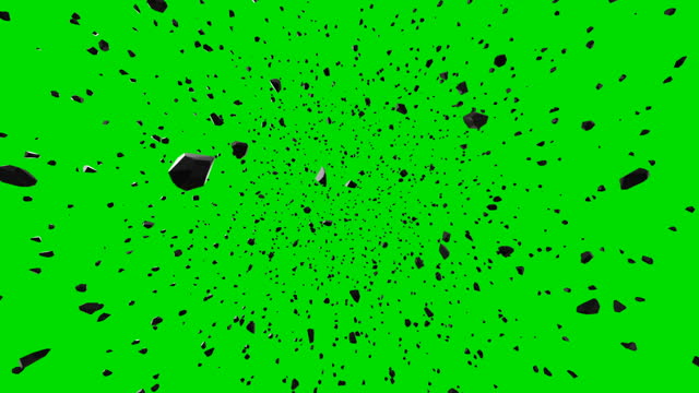 Cg animation of black rock explosion on green chroma key background. Slow motion movement with acceleration in the beginning. 4k Ultra HD resolution