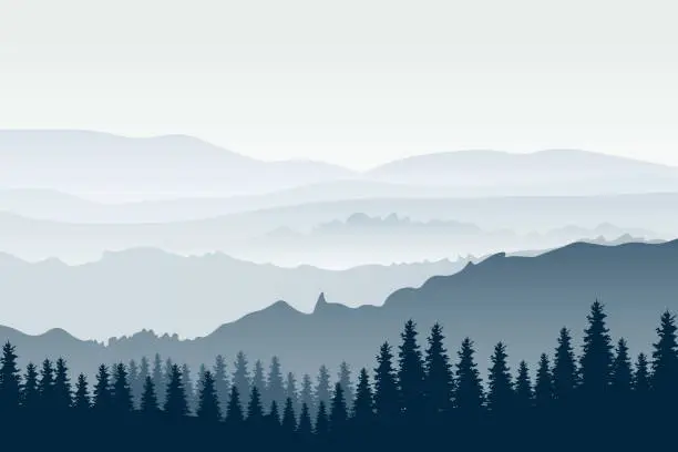 Vector illustration of Horizontal mountain landscape with trees. Panoramic view of ridges and forest in fog, vector illustration.