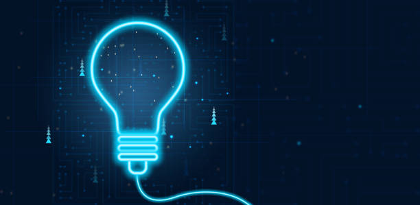 istock Illustration of a neon light bulb on a blue background. Idea concept, brainstorming 1458291733