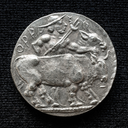 Ancient coin with image of bull, old rare money, silver artifact isolated on dark background, macro. Concept of Roman and Greek coin, past civilization, archeology, agriculture and history.