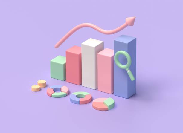 graphique 3d, flèche, pièces d’or et camembert. gestion commerciale et financière, analyse de données. illustration isolée sur fond violet. rendu 3d - graph chart report pie chart photos et images de collection