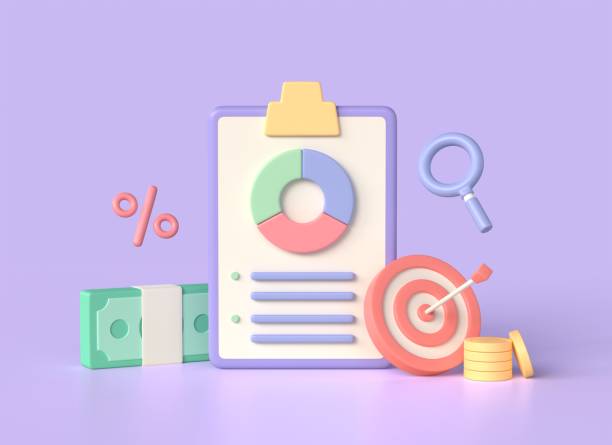 istock 3d pie chart, target and arrow, stack of money in cartoon style. business development concept, data analytics, financial growth. illustration isolated on purple background.3d rendering 1458295236