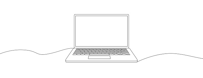 Continuous line drawing of a computer monitor. Linear background of laptop sign. Continuous line drawing
