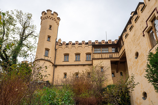 Bavaria, Germany - Nov 06, 2019: Hohenschwangau Castle Tower near Fussen - Schwangau, Germany