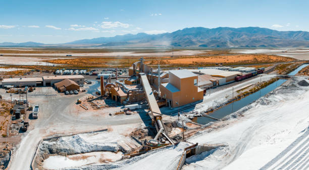 Salt Lake City, Utah landscape with desert salt mining factory stock photo