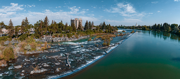 Aerial panoramic view of the waterfall in city of Idaho Falls, ID, USA.