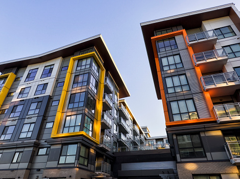 A new colorful apartment building in sunset light on a sunny afternoon, Vancouver, Canada